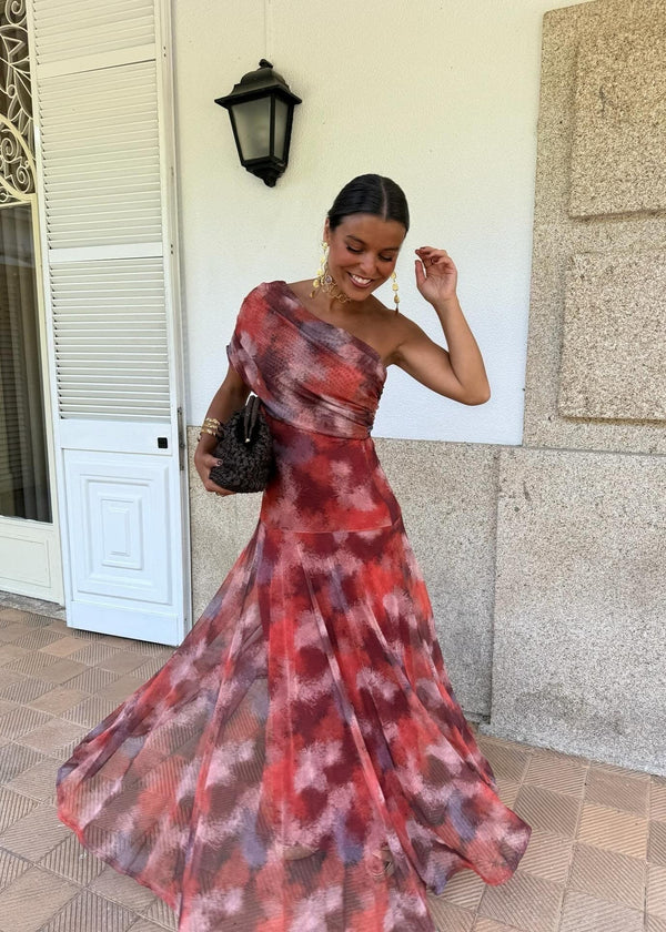 Mafalda | Vestido Maxi Assimétrico com Estampado Abstrato