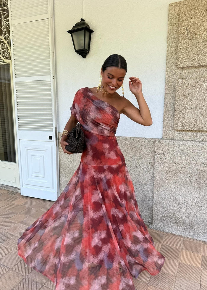 Mafalda | Vestido Maxi Assimétrico com Estampado Abstrato