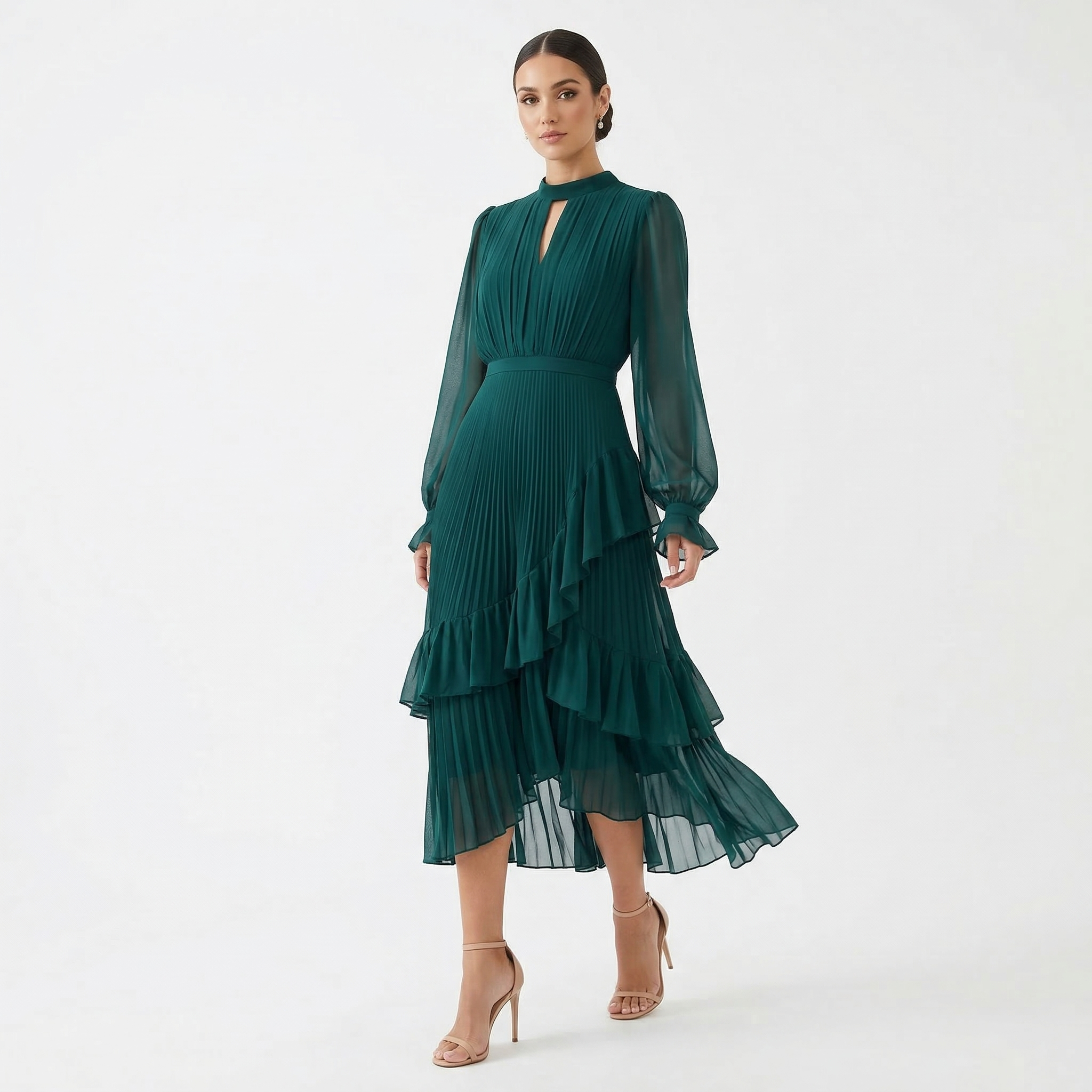 Rosana | Vestido Plissado com Mangas Fluídas e Folhos Assimétricos