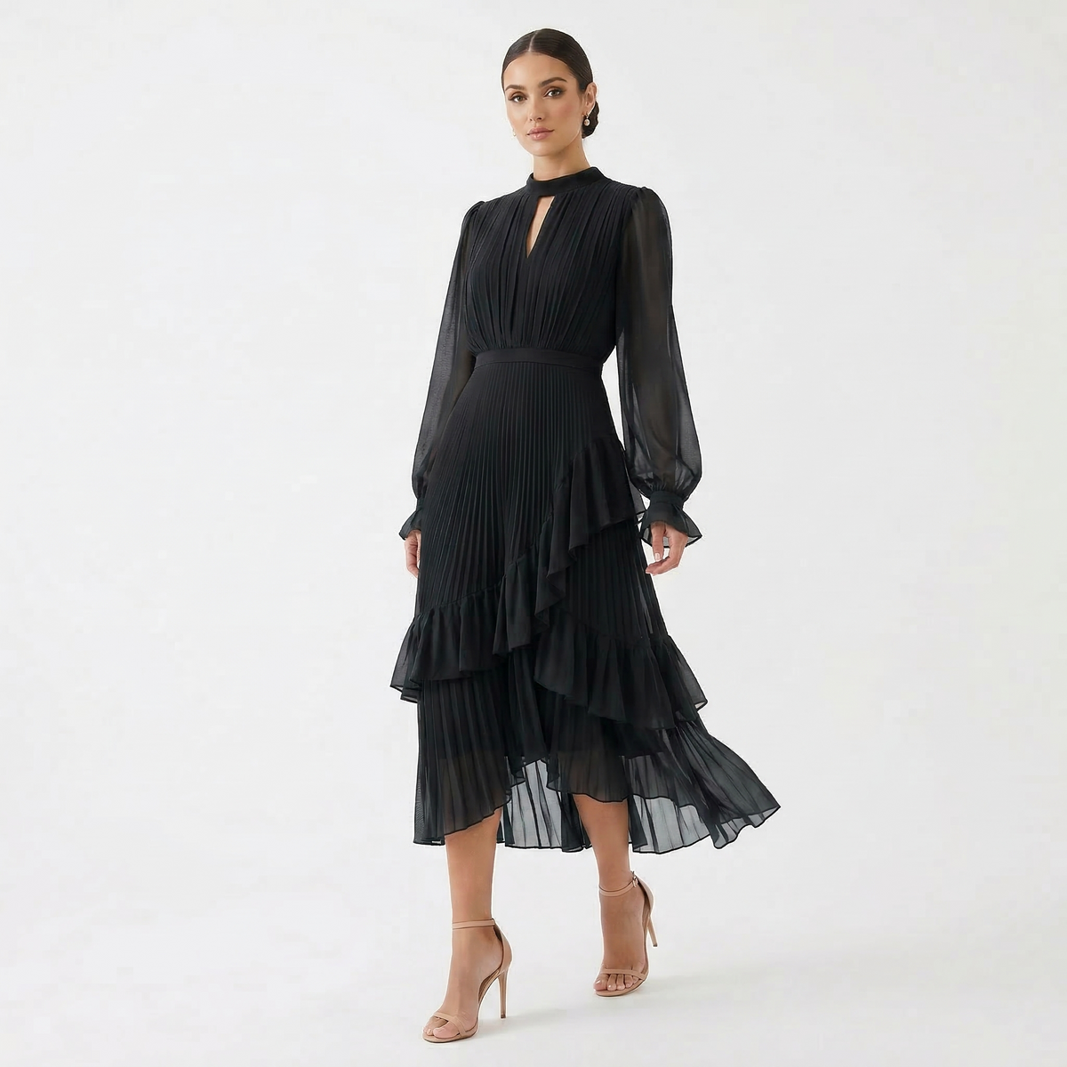 Rosana | Vestido Plissado com Mangas Fluídas e Folhos Assimétricos