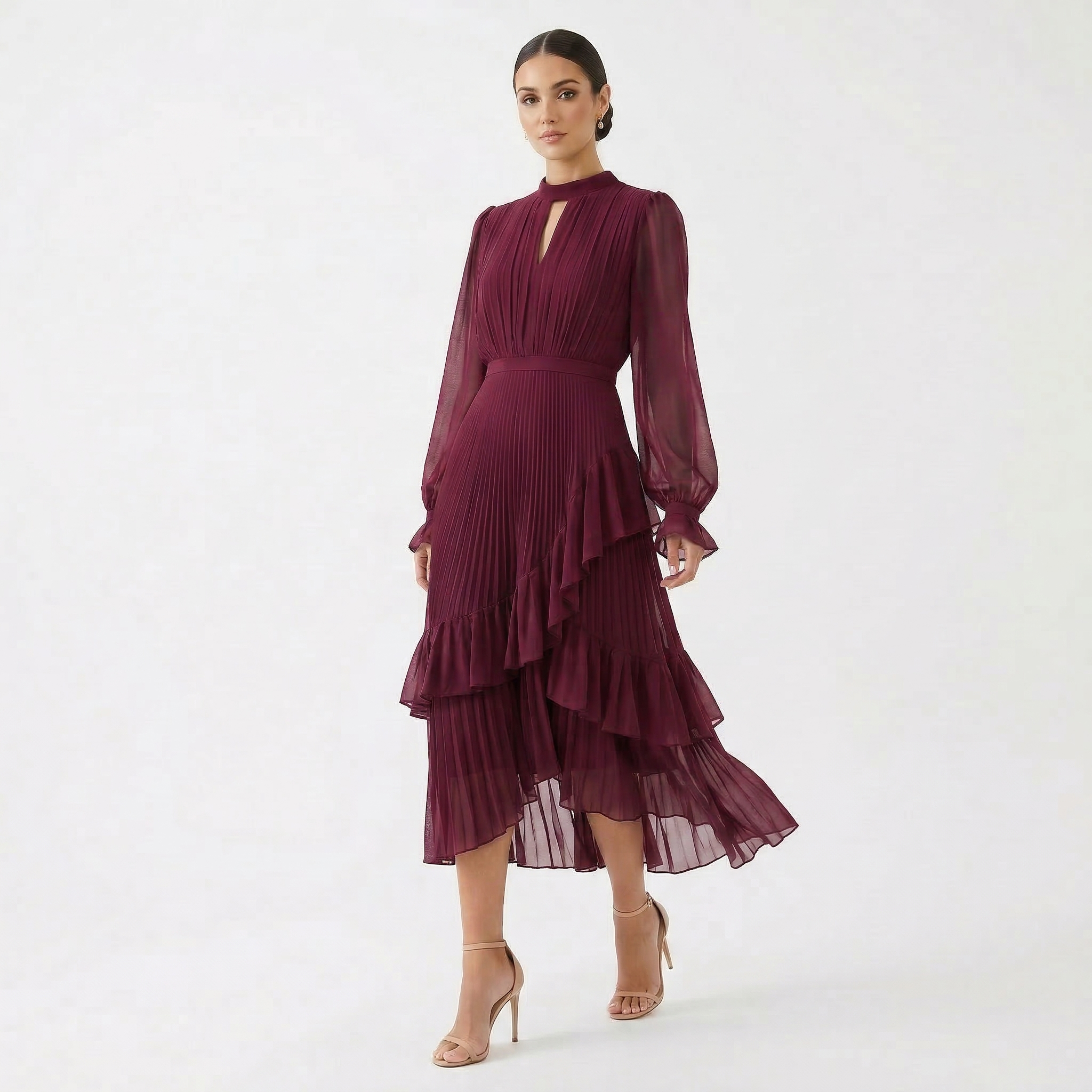 Rosana | Vestido Plissado com Mangas Fluídas e Folhos Assimétricos