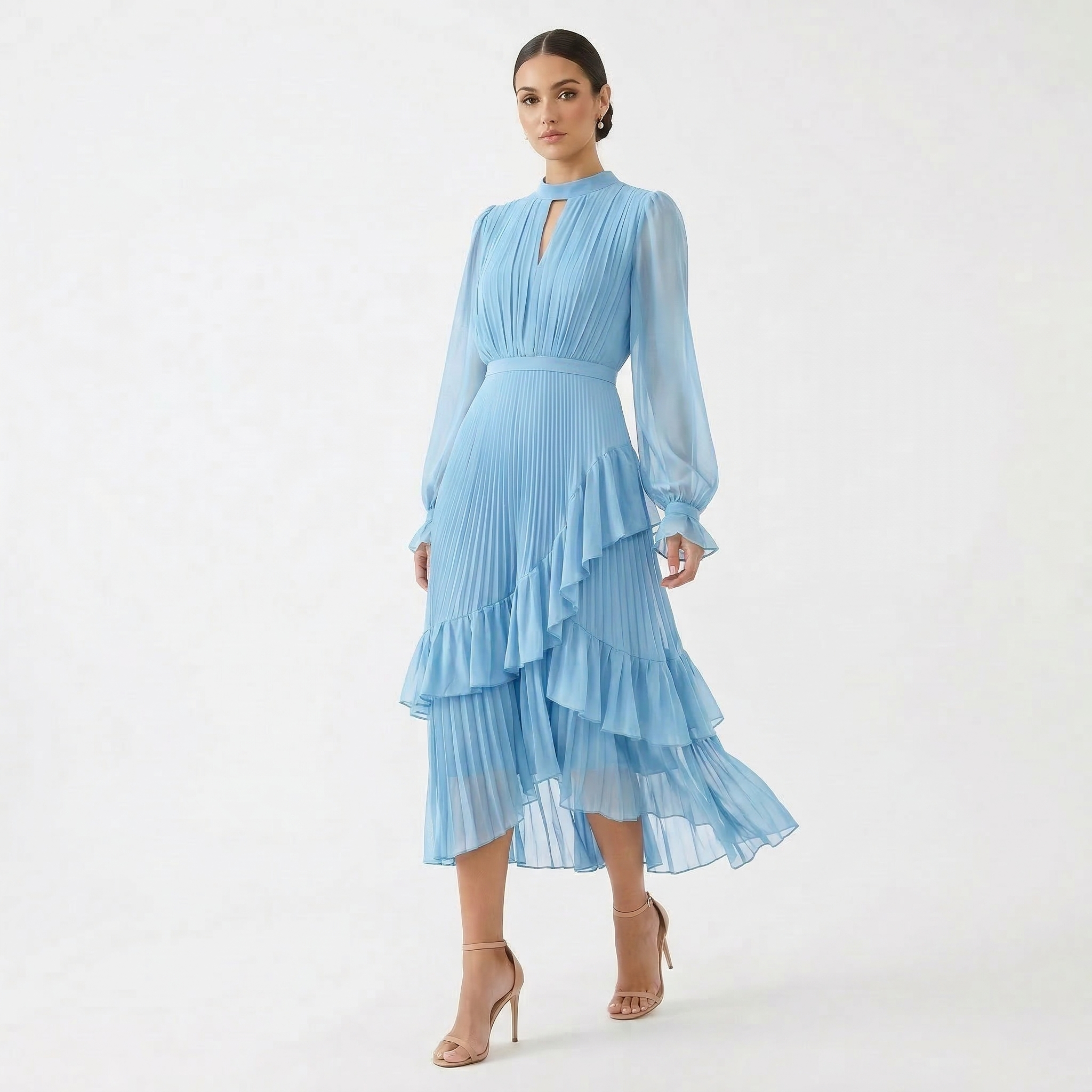 Rosana | Vestido Plissado com Mangas Fluídas e Folhos Assimétricos