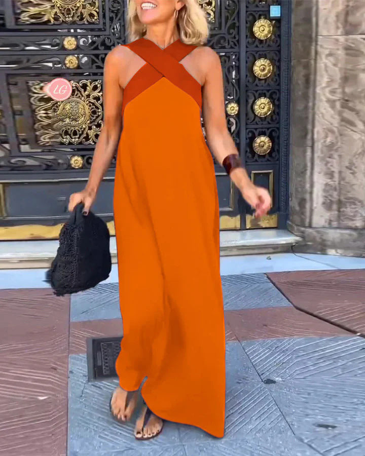 Ermelinda | Vestido Maxi com Decote Cruzado em Contraste