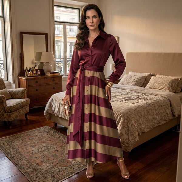 Núria | Vestido de Cetim às Riscas Elegante