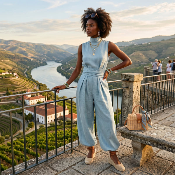 Cidália | Conjunto de Linho Premium com Gola Alta e Calças Wide Leg