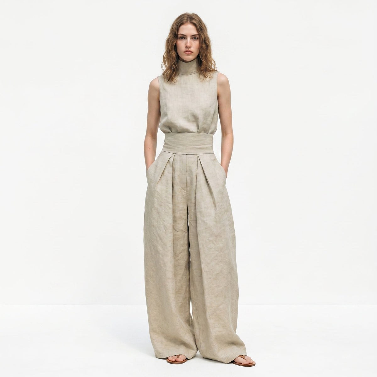 Cidália | Conjunto de Linho Premium com Gola Alta e Calças Wide Leg