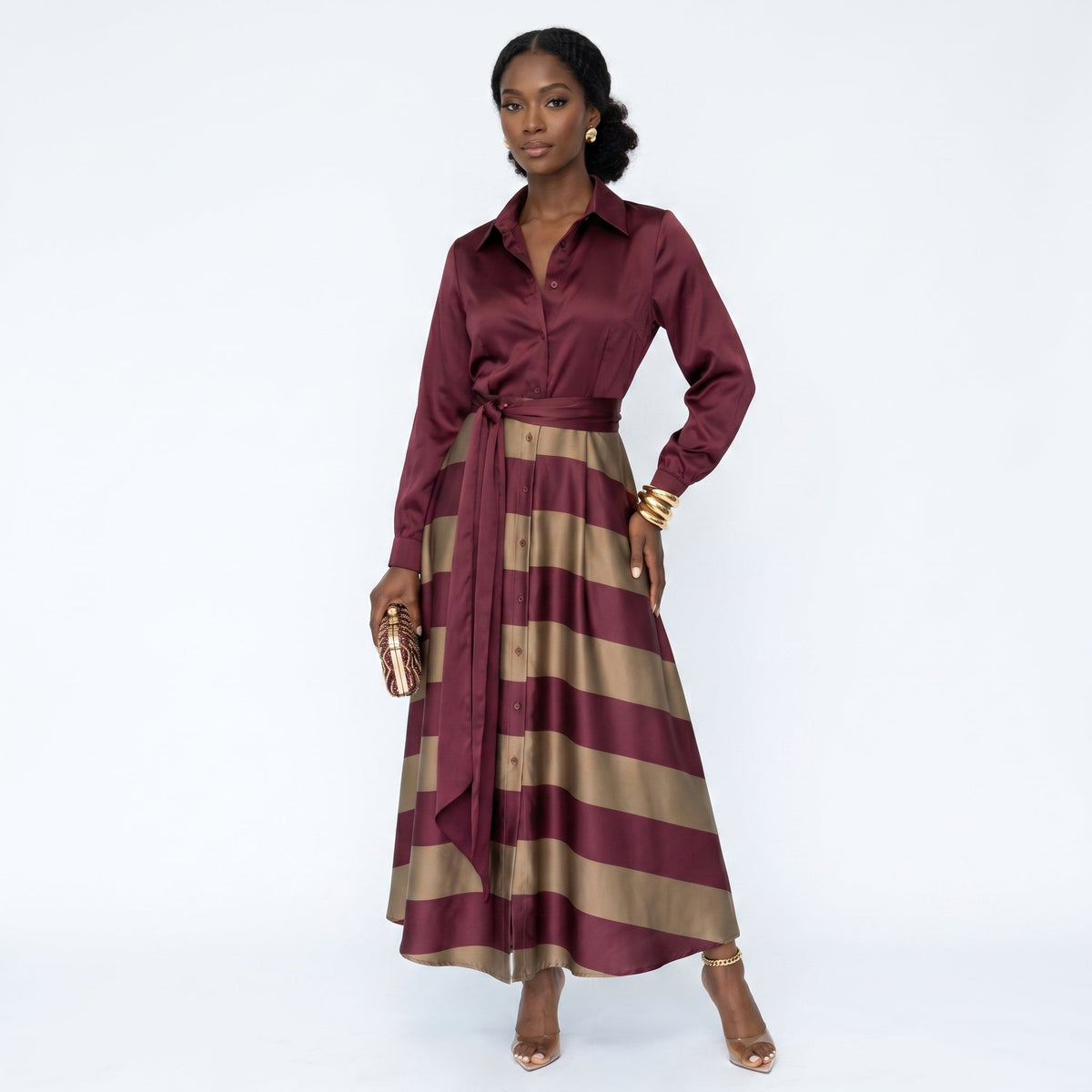 Núria | Vestido de Cetim às Riscas Elegante
