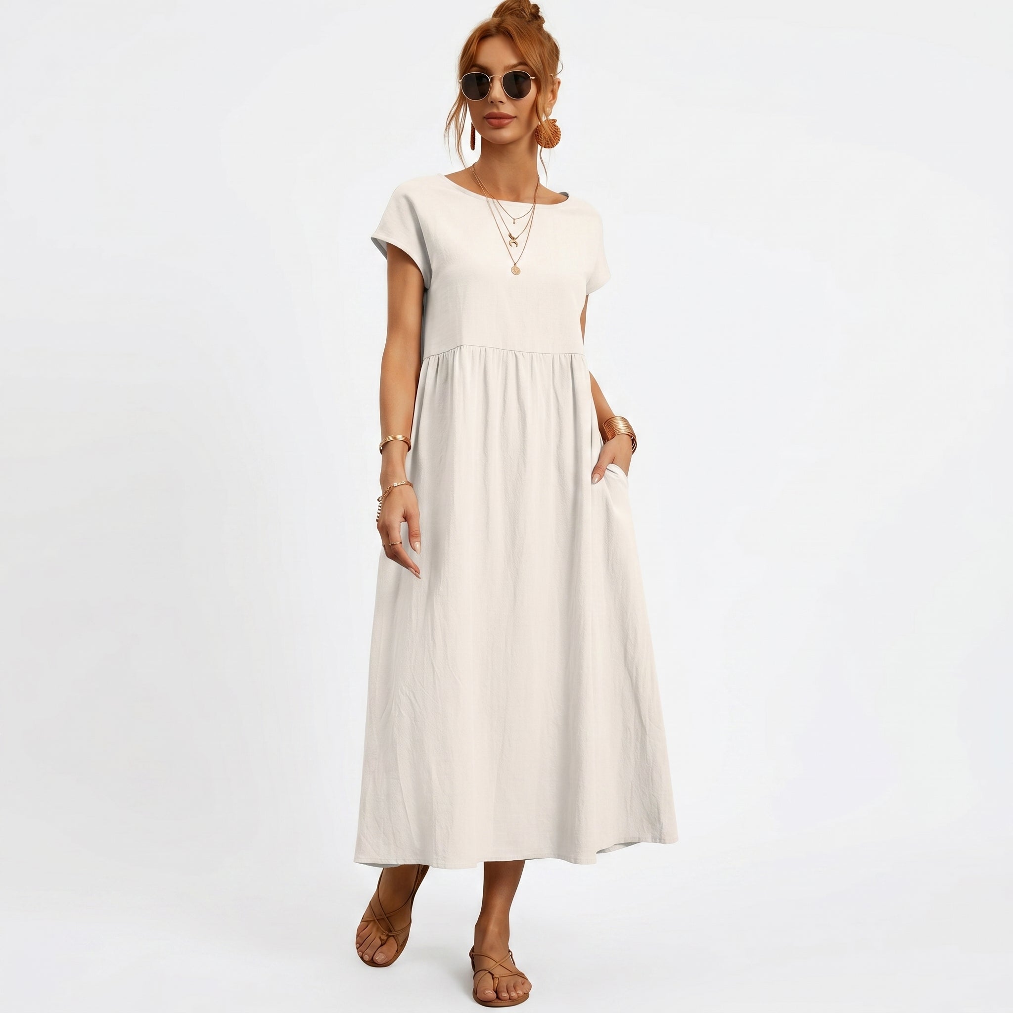 Micaela | Vestido Midi em Algodão com Bolsos