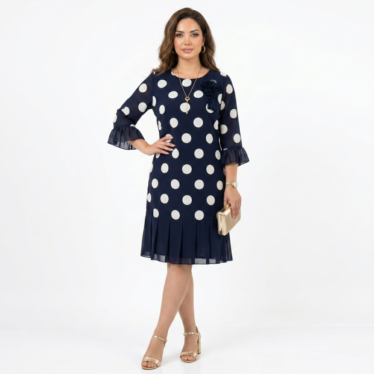 Olga | Vestido Azul Marinho às Bolinhas com Detalhe de Folhos